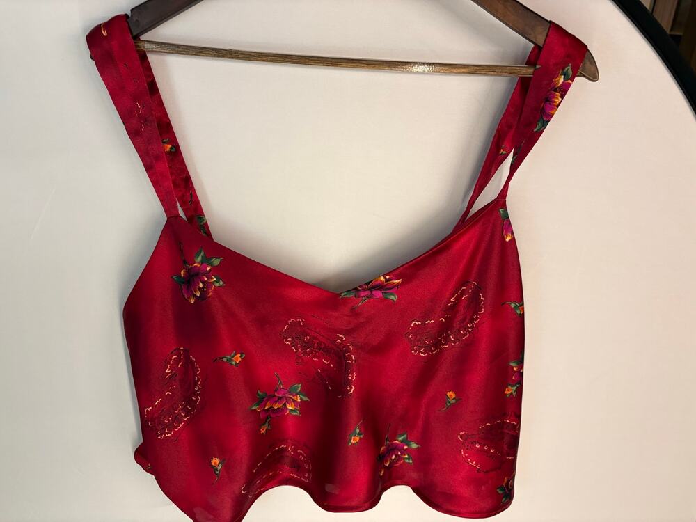 Vintage Satin Cami Top Dark Cherry Red Paisley Floral Print Silky
